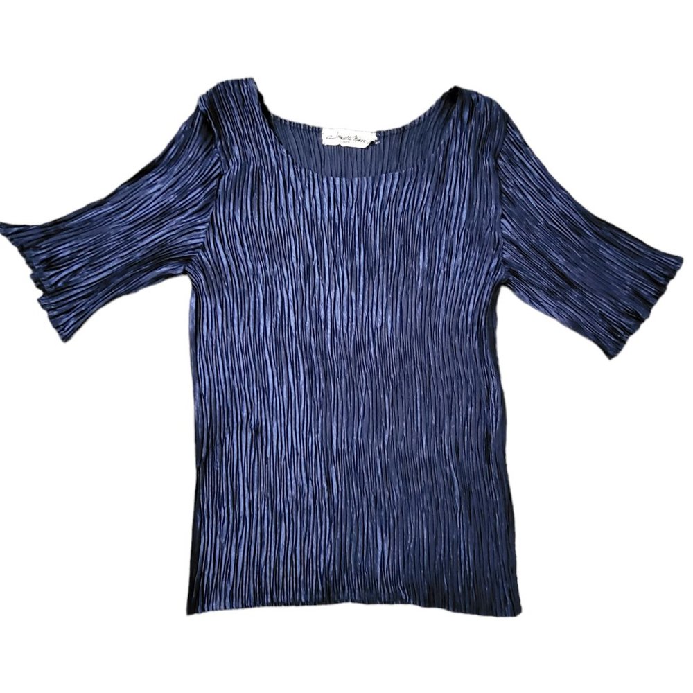 Vintage Women's Jeannette Miner Pleated‎ Blouse Navy Blue Top Half Sleeve Shirt